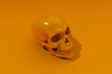 3d render of a human skull in orange colors.