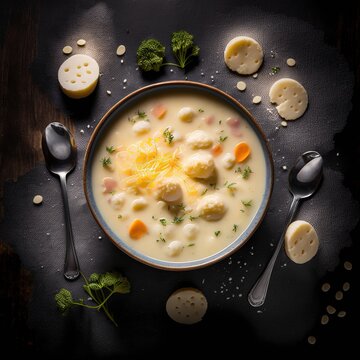 Creamy Potato Soup Top View. Vegetables And Potato.