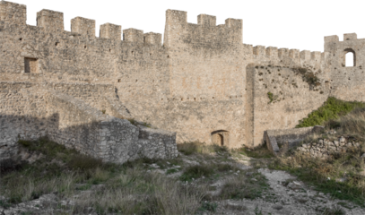 Isolated PNG cutout of a ruined castle on a transparent background, ideal for photobashing, matte-painting, concept art