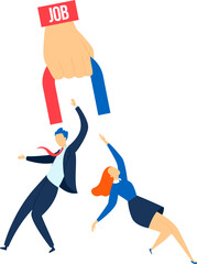 Magnet work people pulls, businessman concept, manager success, horseshoe man attraction, design, flat style vector illustration.