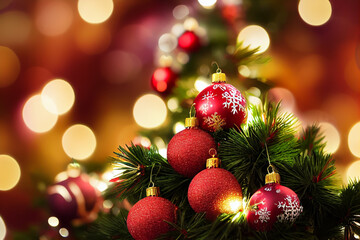 Fototapeta na wymiar Beautiful fir tree Christmas tree with glass balls, baubles, and light decorations in front of bokeh background in a warm room. Can be used for festive banners, wallpapers, cards, and invitations.