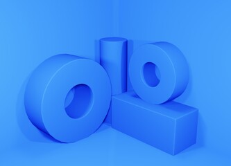 Geometry shapes object colored blue on blue background. 3d rendered illustration. 