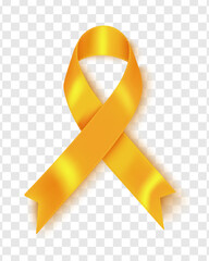 Realistic gold ribbon, childhood cancer awareness symbol, isolated over transparent background, vector illustration
