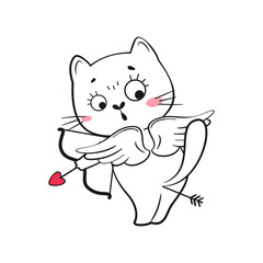 Cute cupid doodle cat. Valentine's day vector illustration.