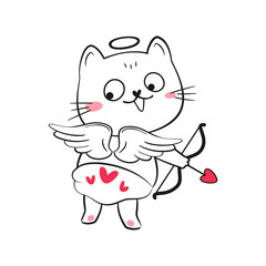 Cute cupid doodle cat. Valentine's day vector illustration.
