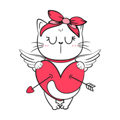 Cute cupid doodle cat. Valentine's day vector illustration.