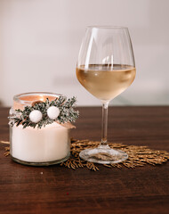 Wine glass with a white candle mockup , add your own logo