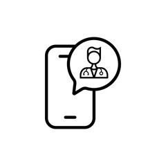 Doctor consultation line icon. Smartphone, speech bubble, online, communication, questions, direction, tips, prescription, treatment. Health concept. Vector black line icon on white background