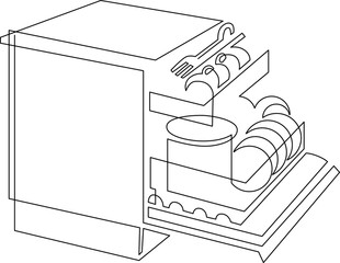 Dishwasher with open door and dishes inside. Humorous illustration. Vector continuous line drawing isolated on white background.