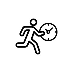 Man with clock line icon. Run, speed, time, meeting, event, business, work, be late, hurry, rush, urgent, fast, deadline. Business concept. Vector black line icon on white background