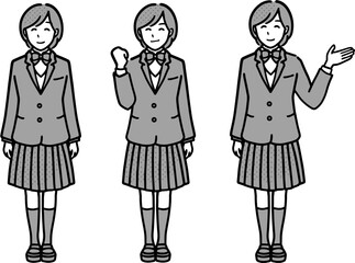 制服を着た女子学生の全身イラストセット　前向き　モノクロ