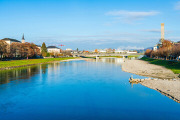Fototapeta na wymiar View across the River Salzach in Salzburg, Austria
