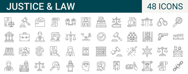 Set of 48 law, justice, legal, judgement line icons. Thin outline icons collection. Vector illustration. Editable stroke