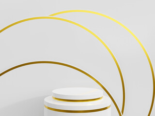 Gold striped white podium geometry. Abstract pastel geometric shape blank platform. Empty showcase pedestal product display for cosmetic presentation. Minimal composition with round scene.