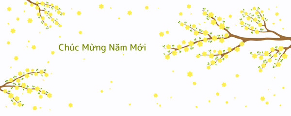 Yellow apricot blossoms, flowers, tree branches in bloom, Vietnamese text Happy New Year. Traditional Asian style background. Vector illustration. Design concept for spring, Lunar New Year Tet sale