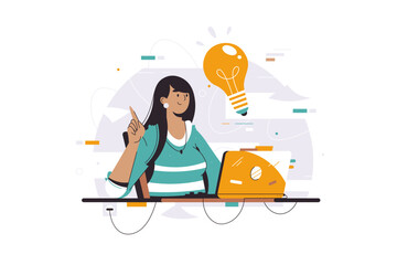 Woman happy with great idea vector illustration. Smart girl have insight and discussing plan on laptop. Startup, inspiration and creativity concept. Light bulb. Business plan.