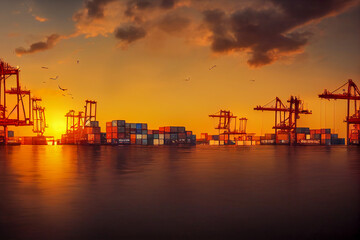 Cargo Port with Crane, Generative AI Art Illustration	