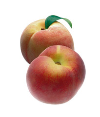 two peaches isolated on white background, one of them with leaf
