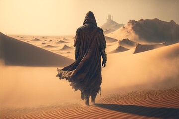 lonely nomad in the sahara desert, dunes and sandstorm, fictional person created with generative ai