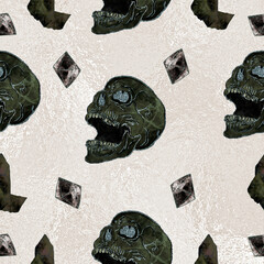 Black marbling Skull and crystals seamless pattern. Magic, occult, tarot, esoteric, witchcraft seamless pattern design. Hand drawn watercolor human skulls and gemstones on light pearl background.