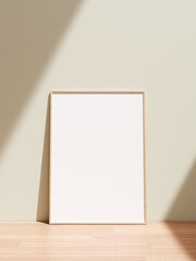 Poster frame mockup standing on wooden floor in living room with shadow.