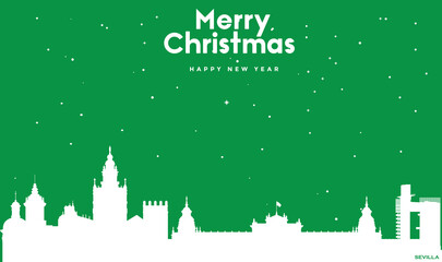 Christmas and New year green greeting card with white panorama of Sevilla