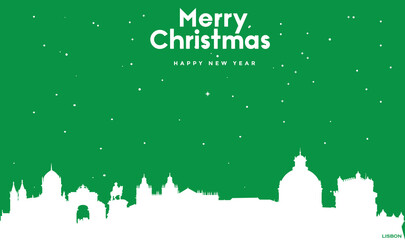 Christmas and New year green greeting card with white panorama of Lisbon