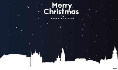 Christmas and New year dark blue greeting card with white panorama of Lodz