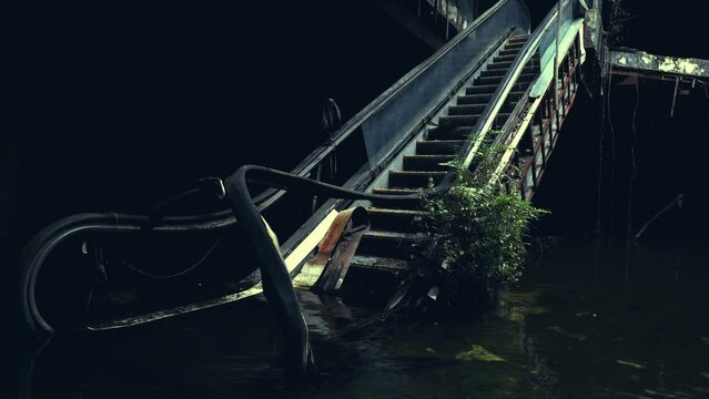 Dramatic video of damaged escalators in abandoned shopping mall sunken by rain flood waters
