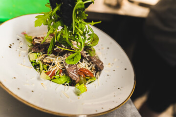 Chef placing arugula leaves on duck salad. Process of creating fine dining dish in a restaurant. White plate. Indoor shot. High quality photo