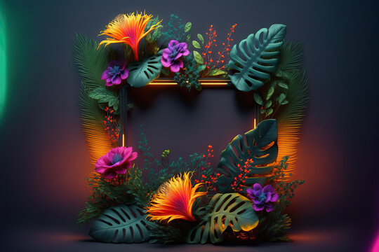 Tropical leaves and large exotic flowers frame. Exotic botanical design for cosmetics, spa, perfume, beauty salon, travel agency, florist shop.	