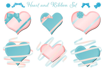 リボンとハートのフレーム 水色とピンク ベクターイラストレーションセット ホワイトデーにもおすすめ