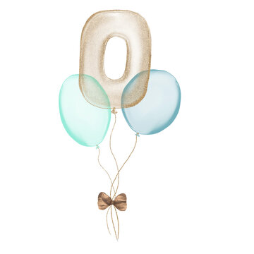 0 gold Birthday ballon with blue baloons. Number zero glitter gold metallic balloon number with two blue balloons on transparent background. Design for sublimation designs, cards, invitations.