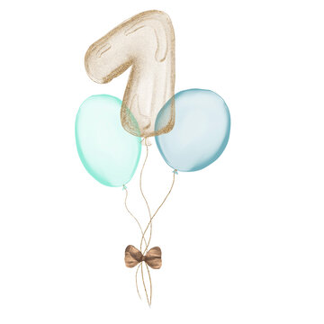 1 gold Birthday ballon with blue baloons. Number one glitter gold metallic balloon number with two blue balloons on transparent background. Design for sublimation designs, cards, invitations.