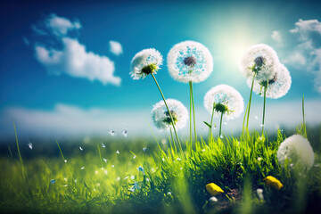 Dandelions in the grass. Beautiful bright natural image of fresh grass spring meadow with dandelions with blurred background and blue sky with clouds.