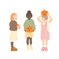 a group of three happy multiracial little girls celebrating Halloween together holding pumpkins in their hands on transparent background