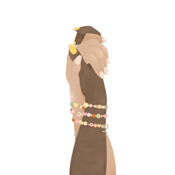 two multi ethnic girls holding hands wearing friendship bracelets on transparent background