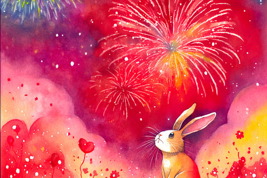 Happy Lunar New Year, 2023, chinese new year, astrology, watercolor style, rabbit celebrating new year, fireworks, red, explosions, illustration, generative ai