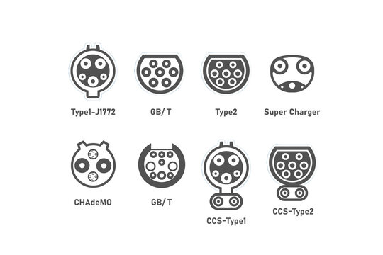 Type of EV electric vehicle charger plugs or sockets, Retro sticker design illustration concept , PNG file