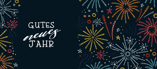 Cute hand drawn New Years banner with fireworks and German type saying "Happy New Year", great for banners, cards, invitations - vector design