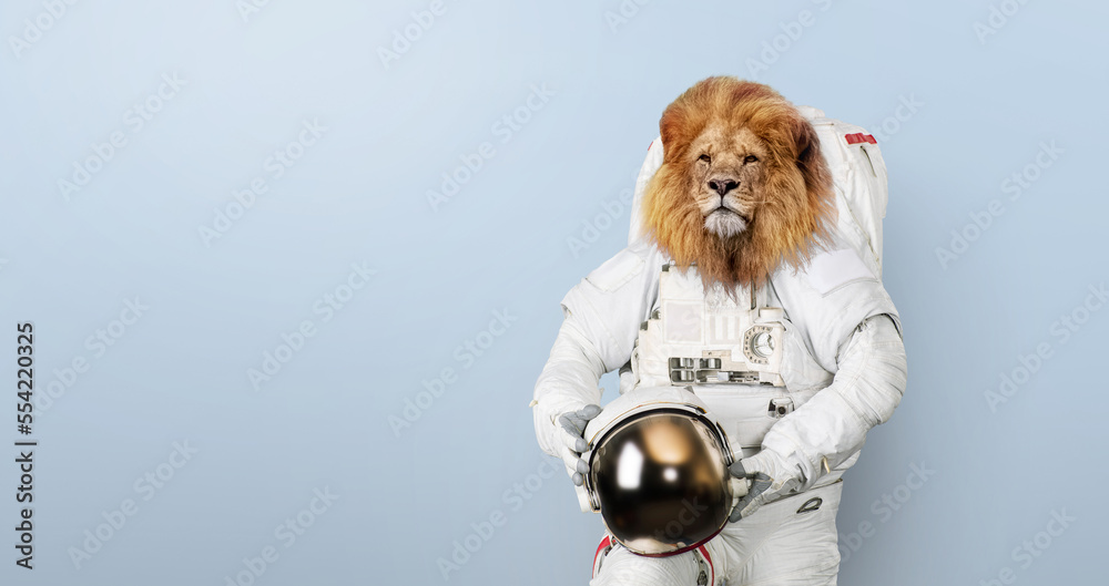 Poster successful astronaut lion in a space suit with a helmet on a blue background. creative idea and king