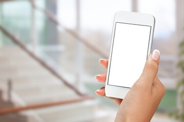 Hand holding modern Smartphone with a blank screen