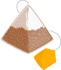 tea bag cartoon. white teabag, black label herbal tag, paper string, hot drink tea bag vector illustration