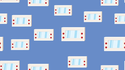 Seamless pattern endless with handheld game consoles, electronic toys old retro vintage hipster from 70s, 80s, 90s isolated on blue background. Vector illustration