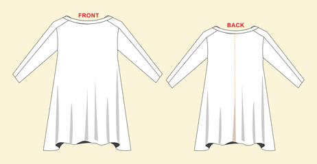 Vector long sleeved T-Shirt fashion CAD, woman round neck t-shirt technical drawing, basic top template, sketch, mock up. Jersey or woven fabric top with front, back view, white color
