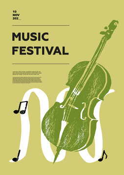 Double bass, contrabass, counterbass, cello.  Music festival poster. String musical instruments. Competition. A set of vector illustrations. Minimalistic design. Banner, flyer, cover, print.