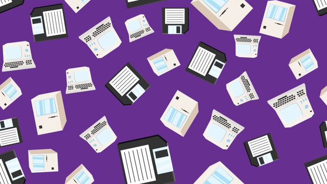Seamless pattern endless computer with old retro computers, pc and vintage white hipster floppy disks from 70s, 80s, 90s isolated on purple background. Vector illustration
