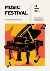 Piano. Music festival poster. Keyboard musical instruments. Competition. A set of vector illustrations. Minimalistic design. Banner, flyer, cover, print. © zhu
