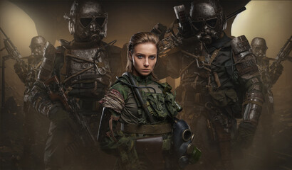 Artwork of soldiers in settin of post apocalypse dressed in military uniforms.