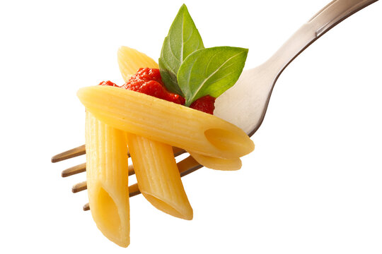 Penne Rigate Pasta With Tomato Sauce And Basil On A Fork Isolated Png